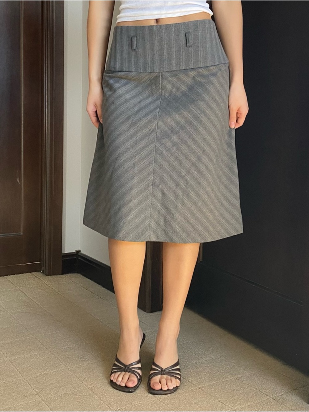 2000s Dynamite Grey and Blue Pinstriped Low Rise Midi Skirt - Picture 1 of 10